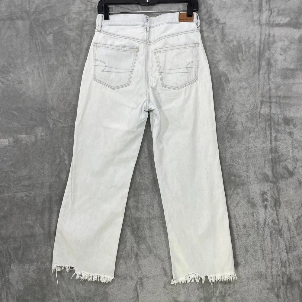 American‎ Eagle Women's 4 L Blue Wide Leg Crop Baggy  Raw Hem Jeans Light Wash